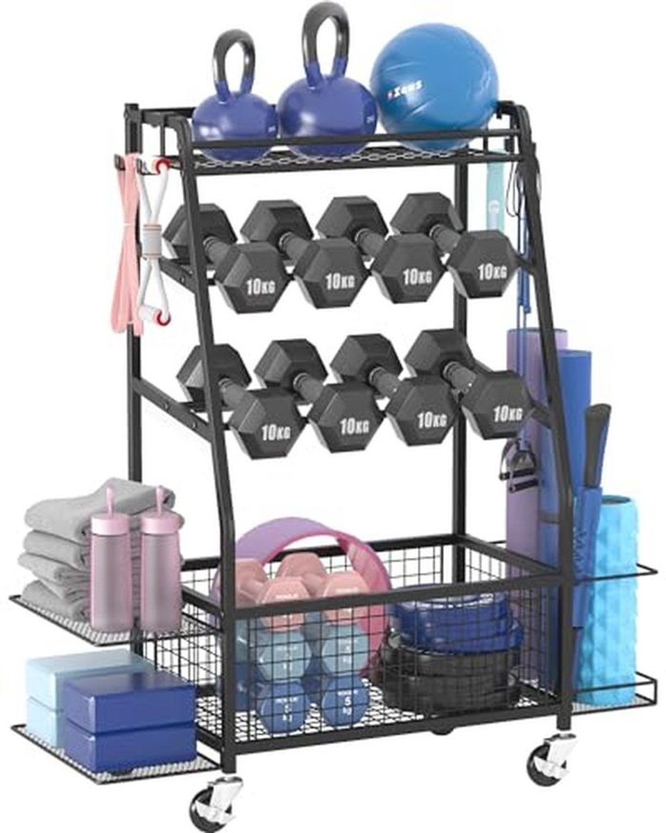 Staransun Dumbbellrekstandaard - Gewichtshouder voor dumbbells - Huishoudelijk sportskast met 4 flexibele wielen - Gewichtshouder voor huishoudelijk sportskast met zijopslag en haken