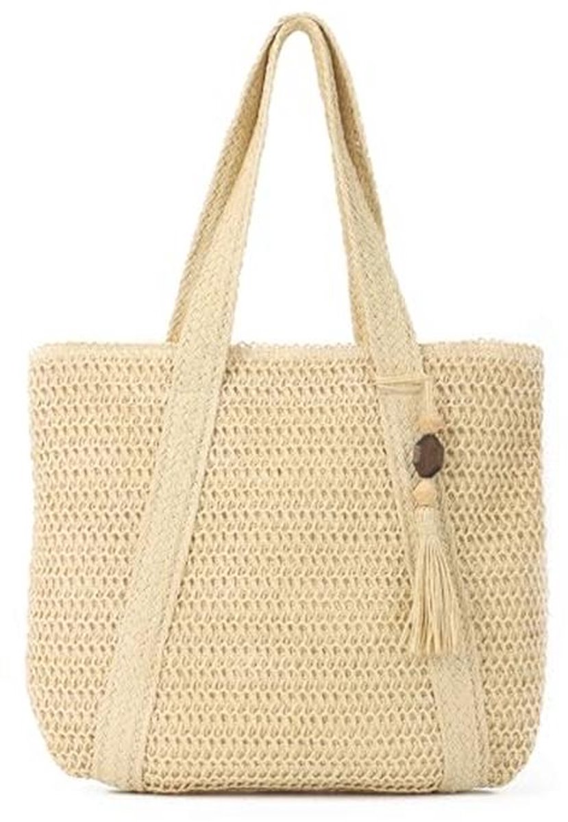 Dames Stro Schoudertas - Geweven Strandtas, Shopper, Beige, 42x37x4cm