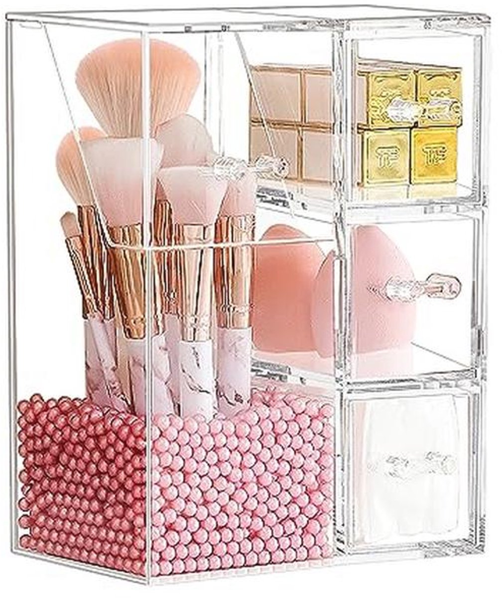 Make-up Borstel Organizer en Opslag Beker - Transparant met Roze Parel