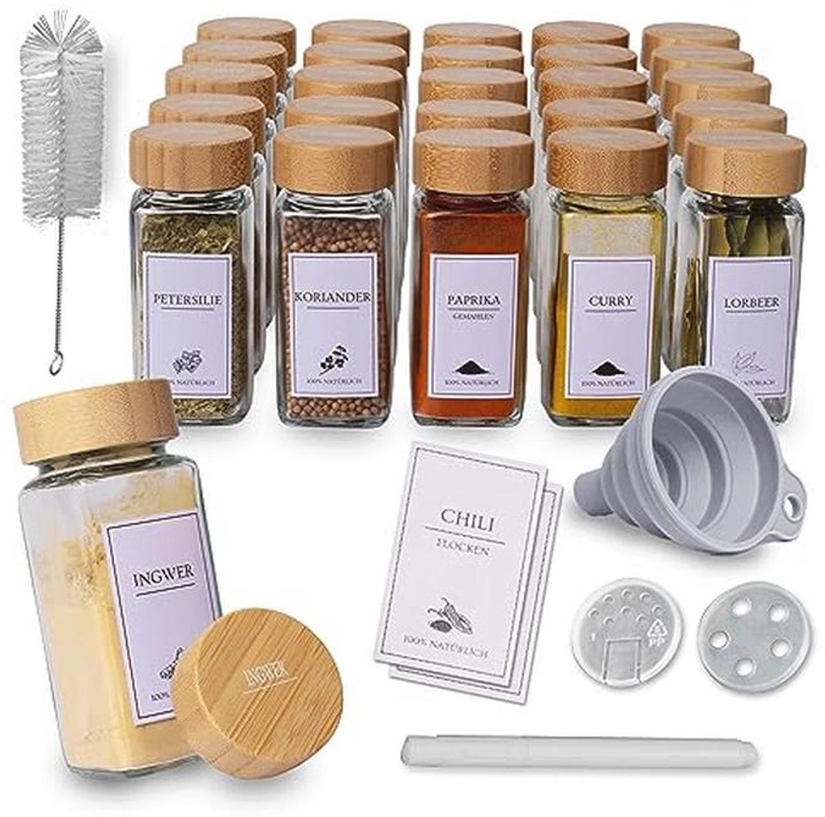 Kruidenpotjesset met Etiketten en Trechter - 25 Stuks - Bamboe Vierkant 120 ml