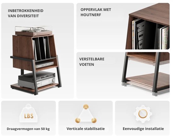 FITUEYES hifi rek - Eiffel Serie hifi kast - Plattenspieler-Tisch – voor platenspeler, versterker & accessoires (4 niveaus) — afbeelding 3