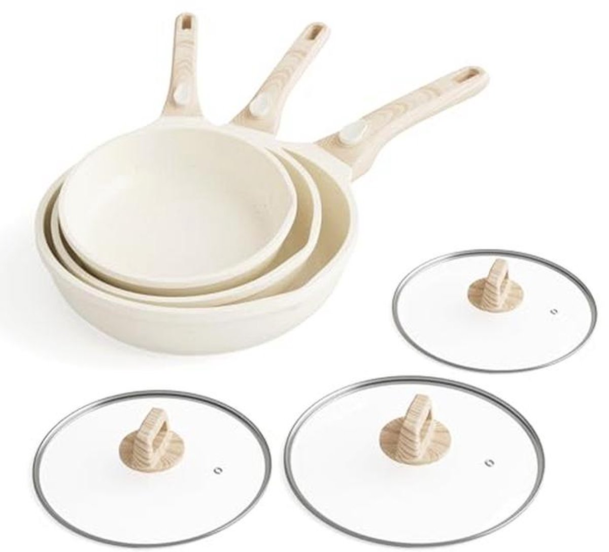 Inductie Antiaanbakpan Set met Afneembare Handgreep en Deksels - 5 Stuks Beige