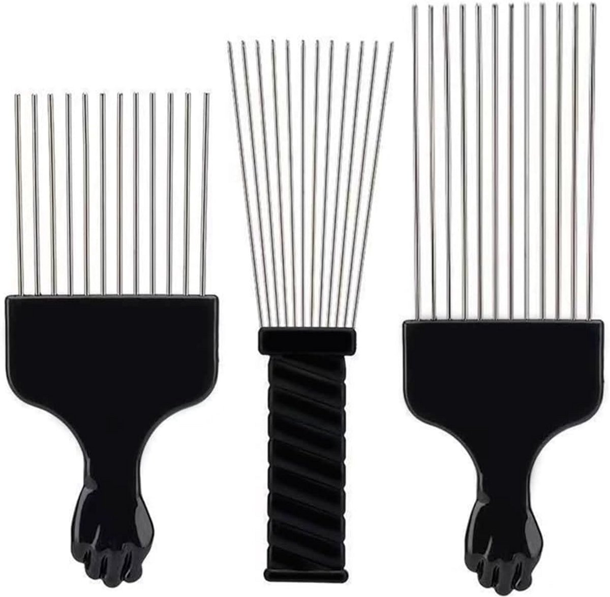 3x Metalen Afro Kam Set met Vuistgreep - Professionele Styling Tool voor Krullend Haar