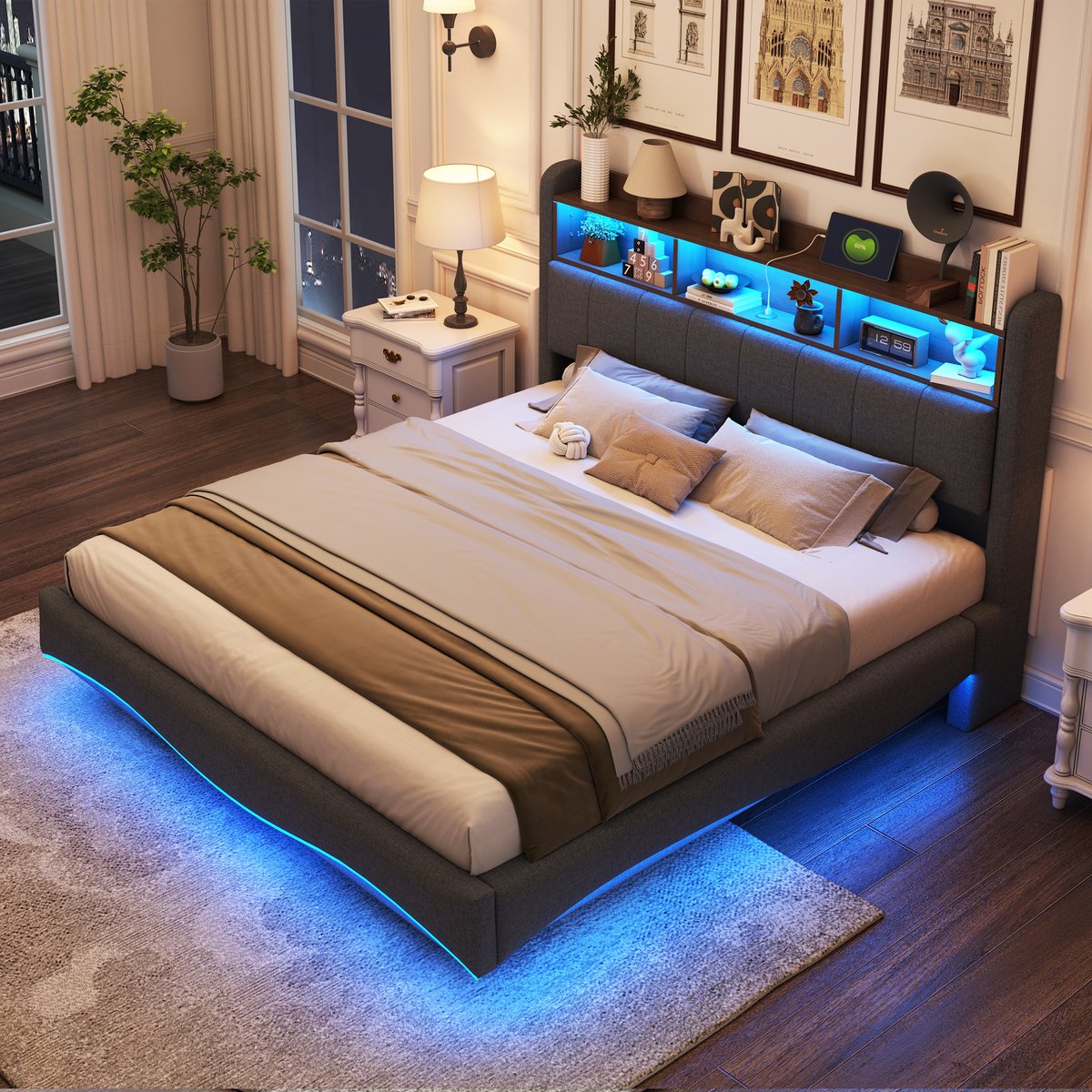 STILVORA Gestoffeerd bed 160x200 cm – Zwevend ontwerp – LED en USB/Type-C – Hoofdeinde-opbergruimte – Linnenstof – Grijs – Zonder matras