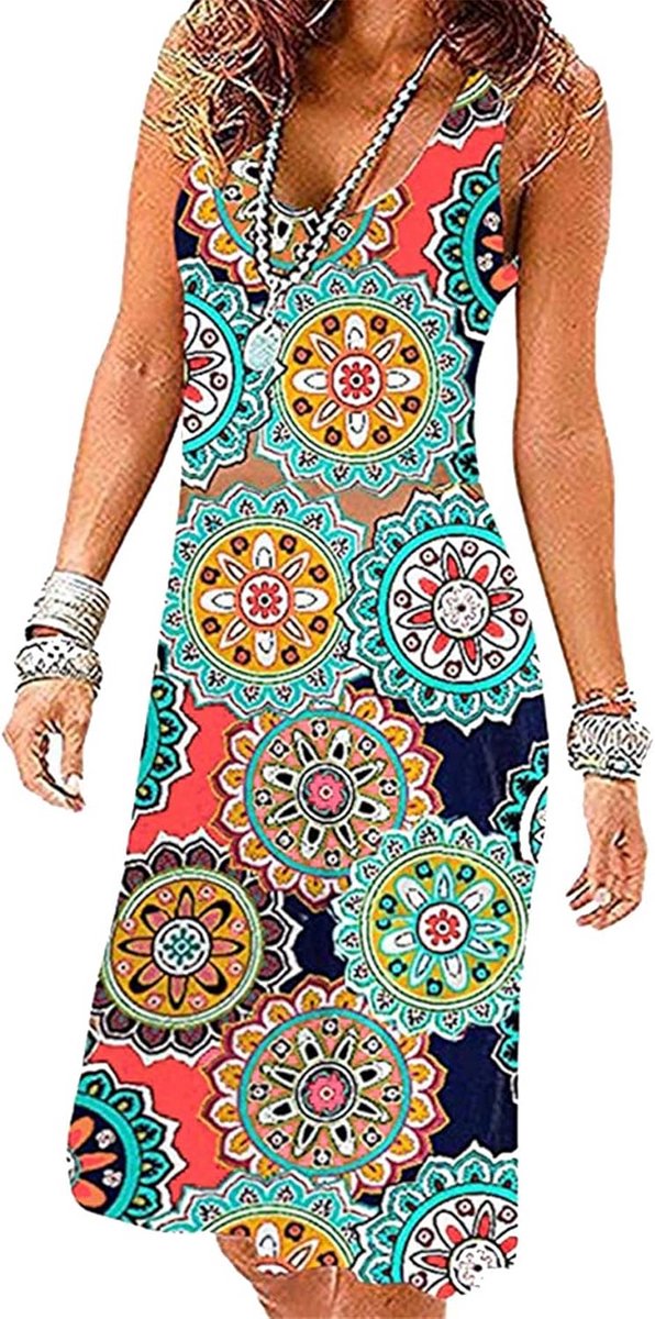 Dames Zomer Mouwloze Boho Tank Jurk Hoge Taille Geplooide A-Lijn Midi Jurk