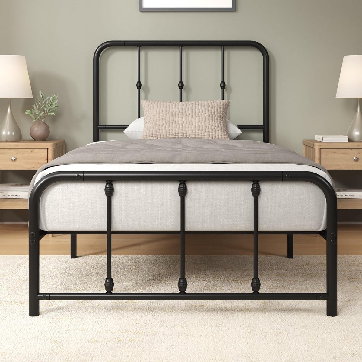 Eenpersoonsbed 80 x 190 cm met hoofdeinde en voeteneinde, zwart metalen bedframe met opbergruimte