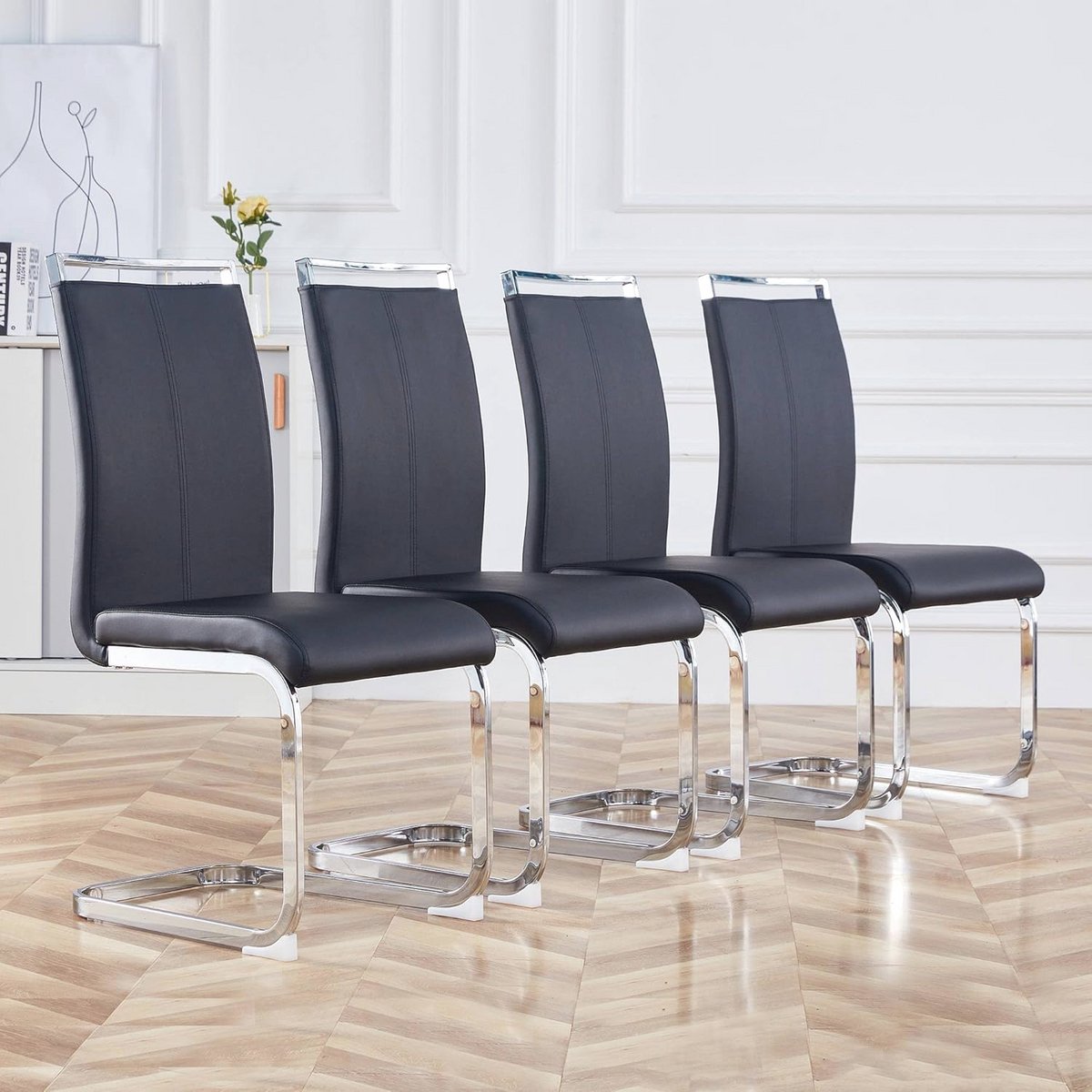 Set van 4 Eetkamerstoelen - Cantilever en Schommelstoel met Kunstlederen Bekleding en Meta