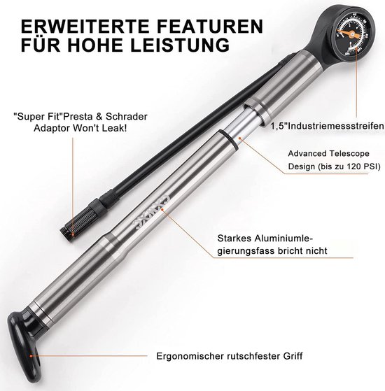 Fietspomp 120 PSI met Drukmeter voor Fiets, Scooter en Ballen — afbeelding 4