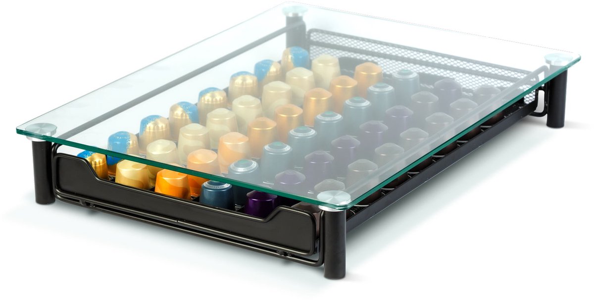 Metalen Koffiecapsulehouder Met Lade – Voor 60 Nespresso Capsules – Capsulehouder Met Glazen Bovenblad – Ruimtebesparend Onder Koffiemachine – Mat Zwart – 410 X 260 X 60 Mm [BW0999]