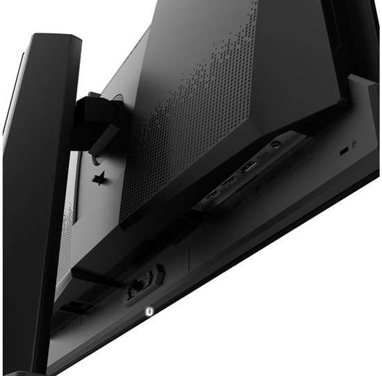 Gedetailleerd zicht op de poorten aan de achterkant van een zwarte MSI gaming monitor.