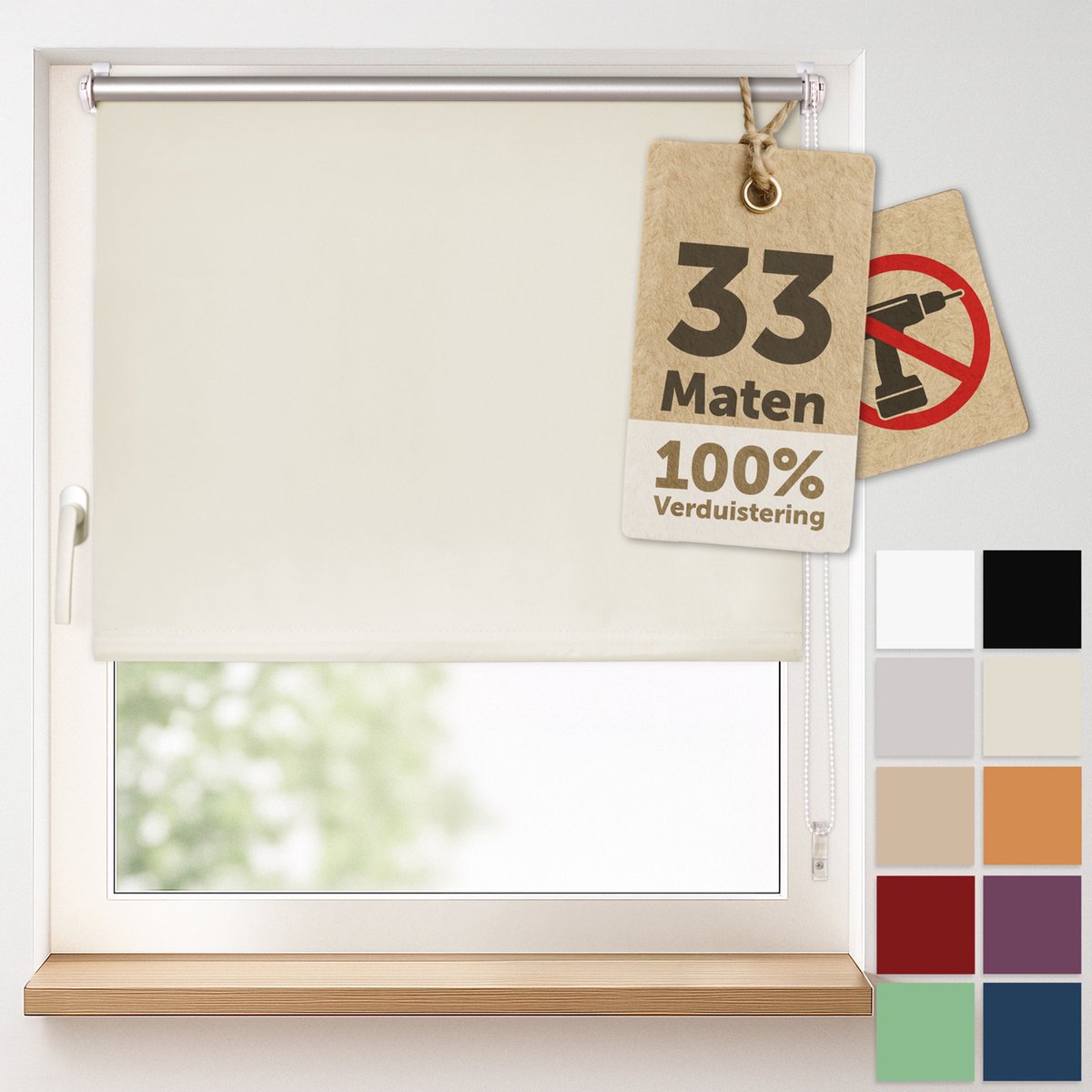 Blumtal Verduisterend Rolgordijn - Rolgordijn Zonder Boren - 50x150cm - Ivoor