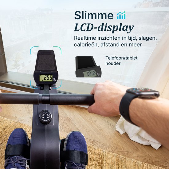 Roeitrainer met zwart LCD-scherm dat tijd, slagen, calorieën en afstand weergeeft. Telefoon-/tablethouder.