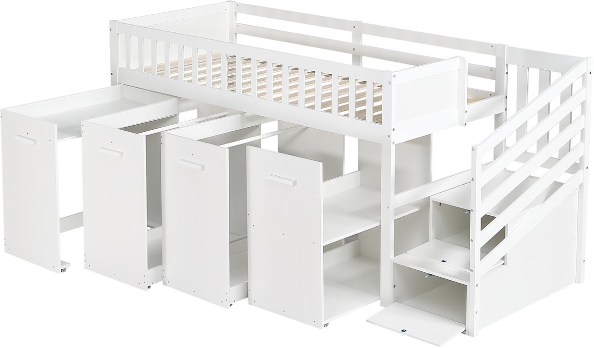 REDOM Stapelbed 90x200 cm – Wit – Met opbergtreden, uittrekbaar bureau & EN-747 – Multifunctioneel