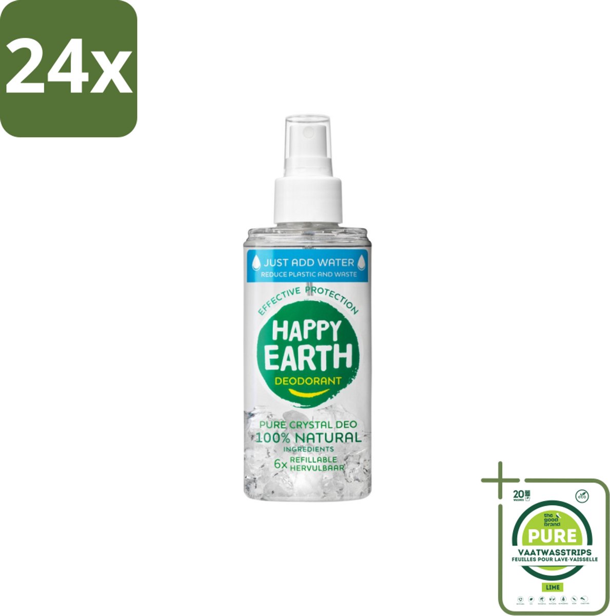 Happy Earth – Deodorant Just-Add-Water Spray – 100% Natuurlijk Unscented – 100 ml - Voordeelverpakking - 24 stuks - Natuurlijke deodorant - Geurloze deodorant