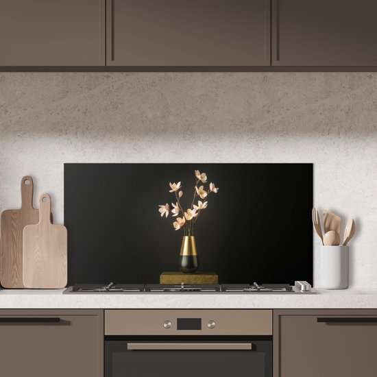 Spatscherm 90x45 cm - Zelfklevende achterwand Sierlijk - Boeket - Goud - Vaas - Keuken muurbeschermer - Spatwand fornuis