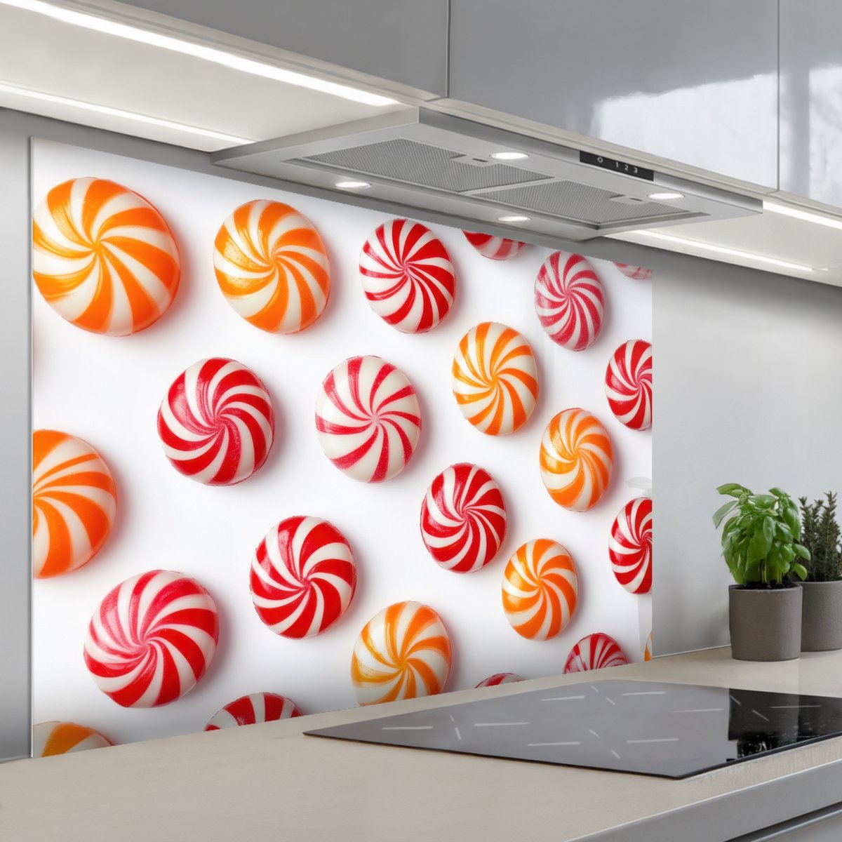 KitchenYeah Spatscherm 120x80 cm Zelfklevende achterwand Snoep Patroon Rood Oranje Keuken muurbeschermer Spatwand fornuis
