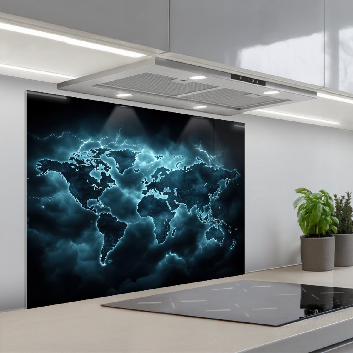 KitchenYeah Spatscherm 80x60 cm Zelfklevende achterwand Wereldkaart Bliksem Blauw Keuken muurbeschermer Spatwand fornuis