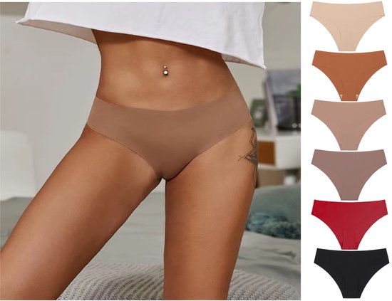 Set de 6 Culottes invisibles pour femme - Sous-vêtements - Couleurs : nude, Zwart, marron rouille, rouge, marron, violet foncé - Confortables et invisibles - Taille M