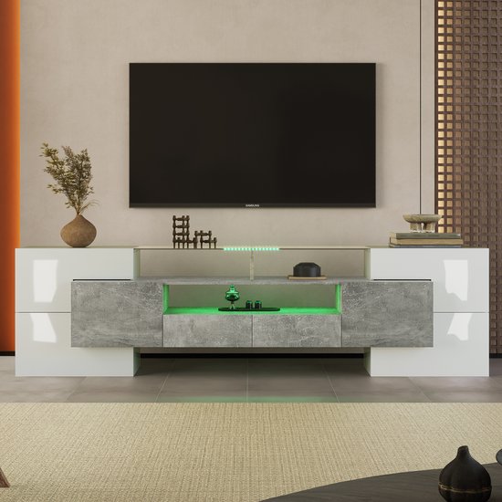 Meuble TV élégant Pugsdrly, meuble bas. Blanc brillant + gris, 200 cm, éclairage LED, mobilier de salon. Design moderne. Surface en verre Elegant .