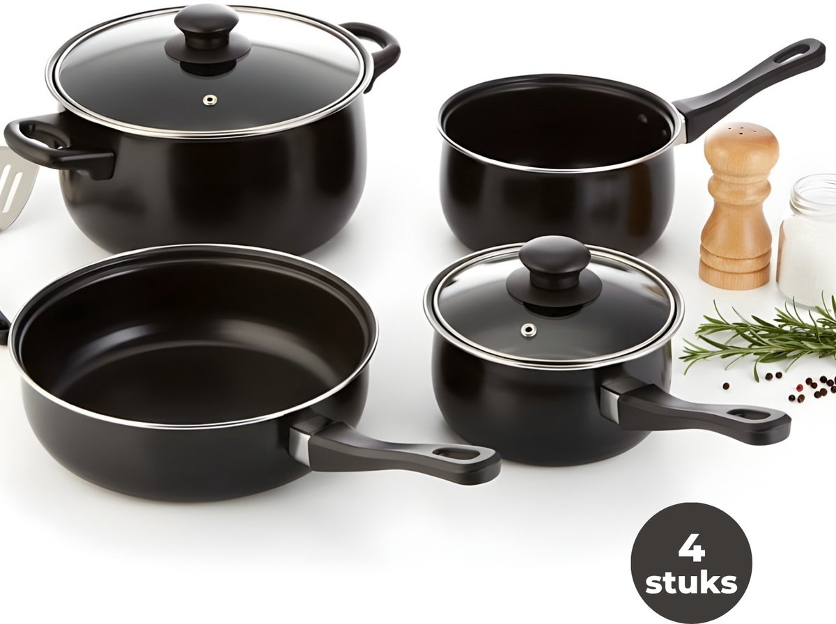 Lomera Camping Pannenset - Koken Tijdens Kamperen - Anti-Aanbaklaag - Geschikt voor Gas - 4-Delige Pannenset - Braadpan en Koekenpan - Koolstofstaal Materiaal - Kampeer Kookset - Set Camping Pan - Camping Kookgerei