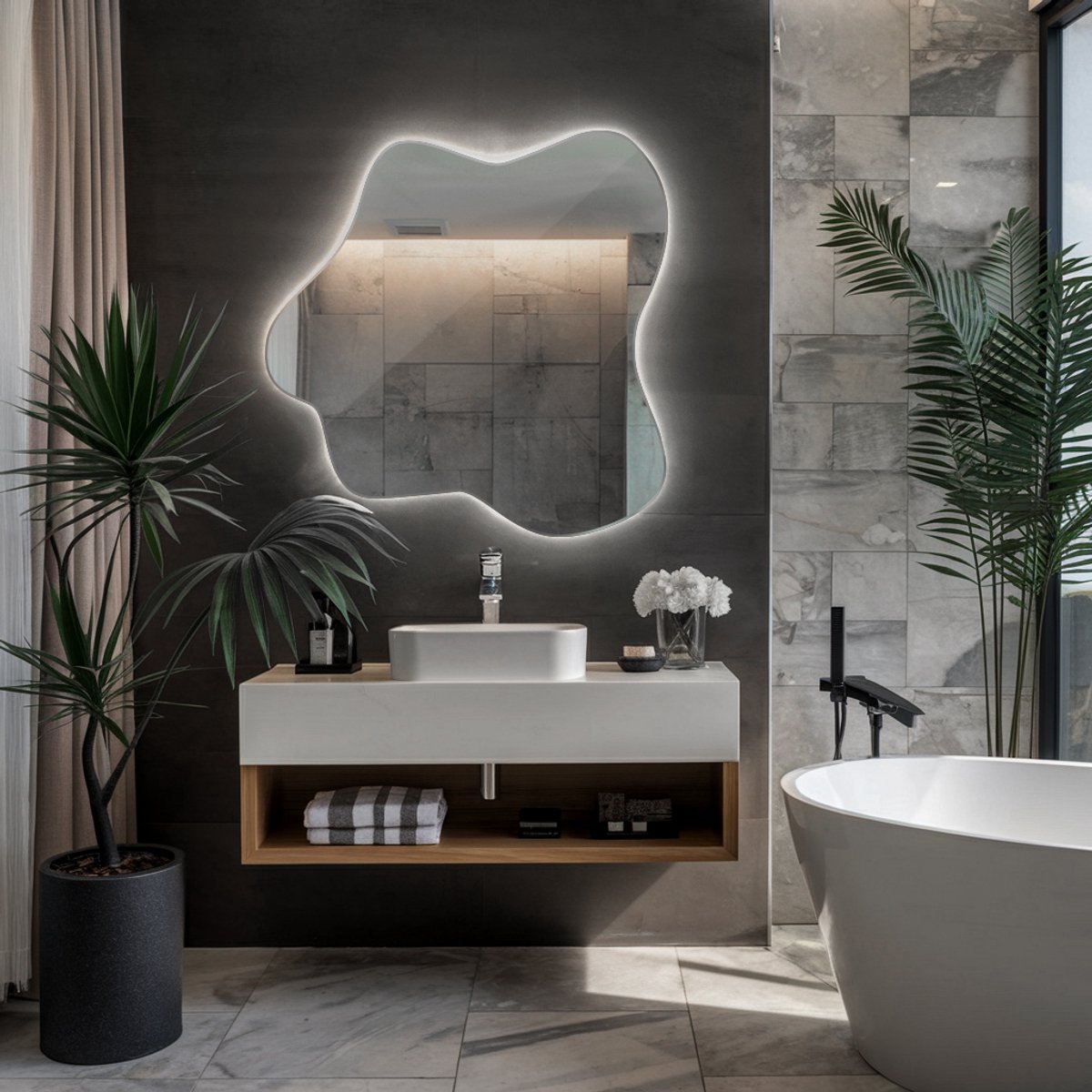 Coloray Stijlvolle Onregelmatige LED Spiegel - Moderne Onregelmatige LED Spiegel - 77,3 cm x 76,6 cm - Grote Organische LED Spiegel - Decoratieve Organische LED Spiegel - Koel Licht - Organische LED Spiegel