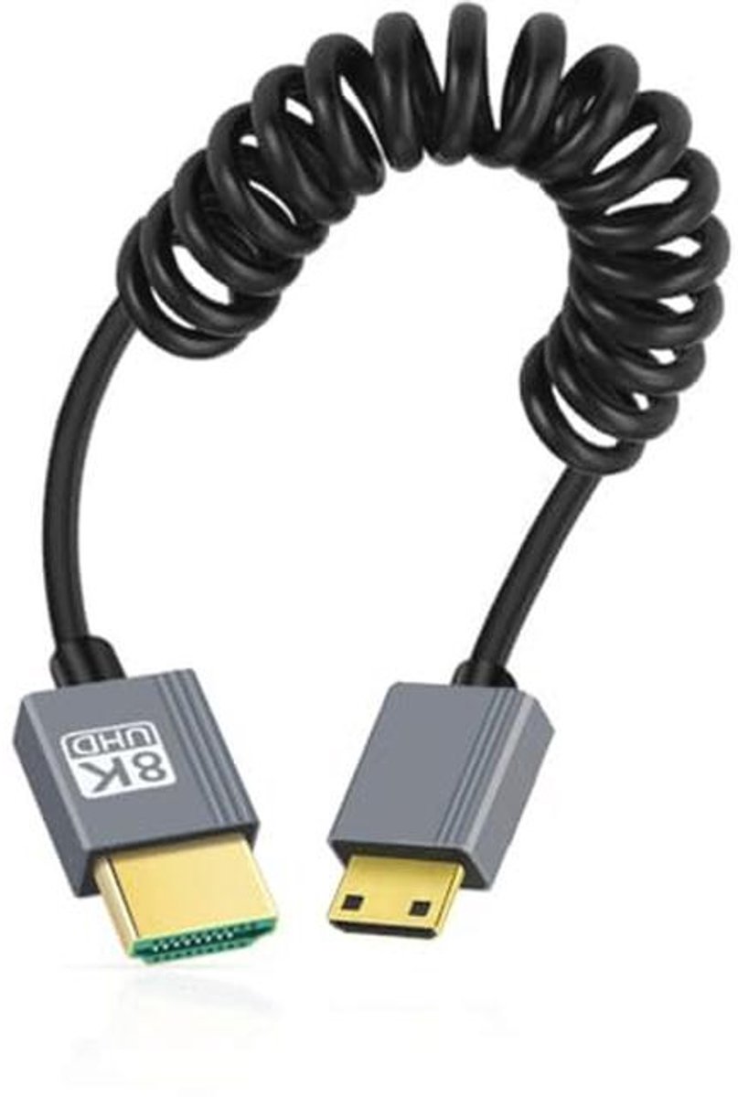 Mini HDMI 2.1 kabel 8K 60Hz, rekbare spiraalkabel voor HDTV en laptops (100 cm)