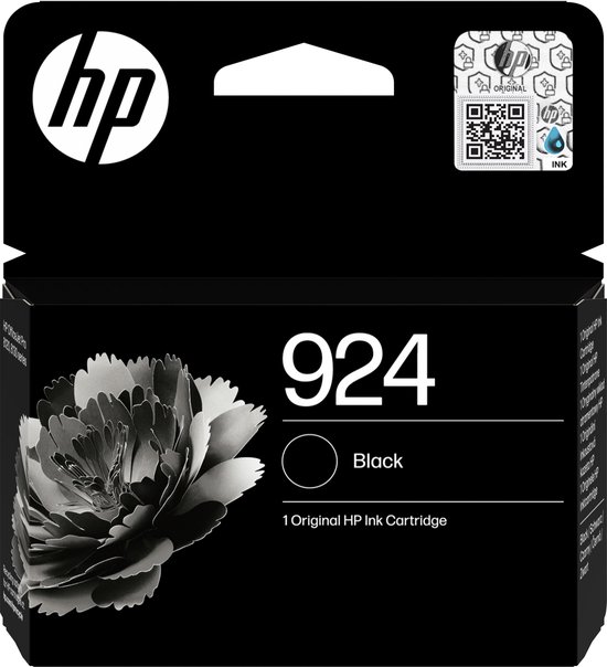 HP 924 cartridge met zwarte inkt. Verpakking met grote zwarte bloem.