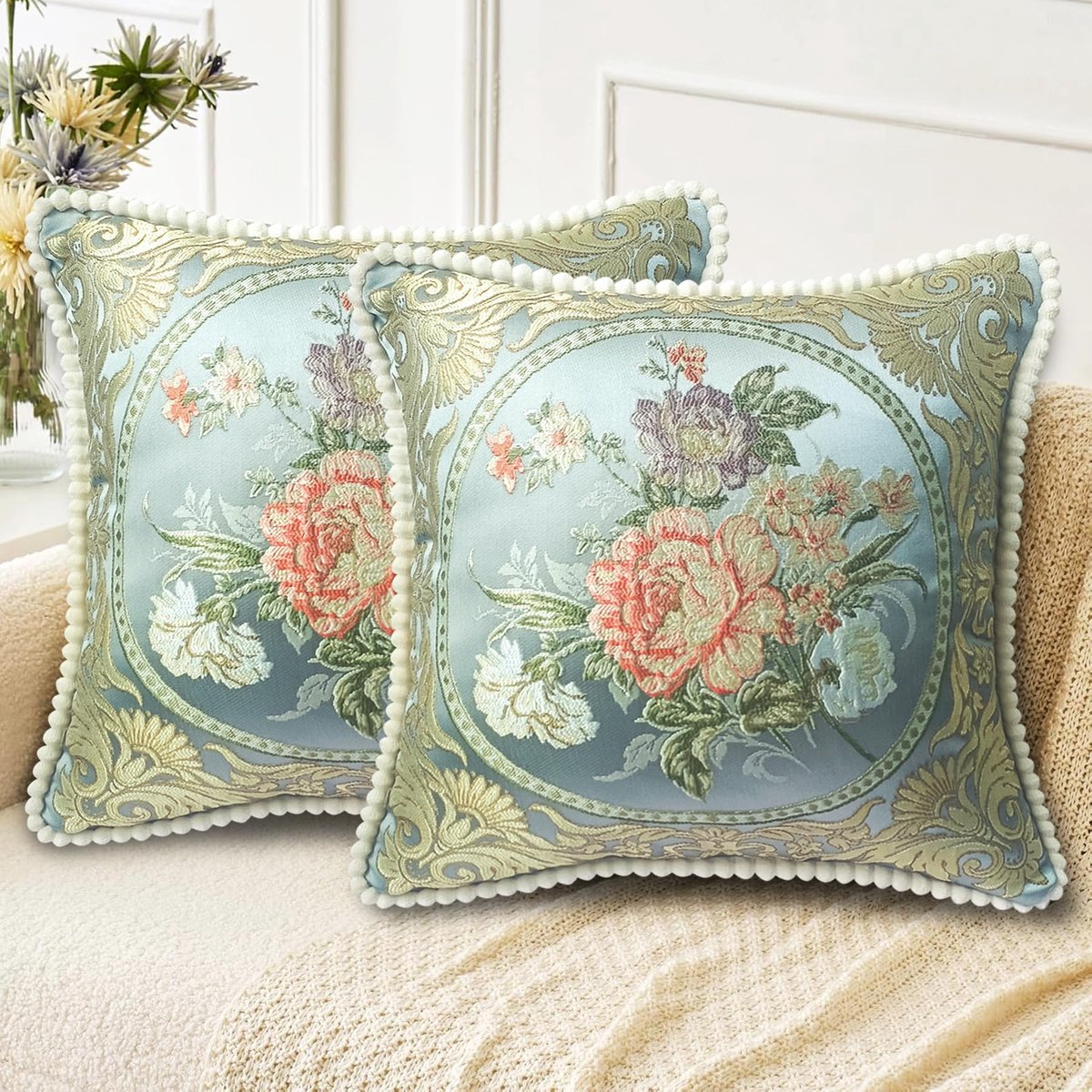 Unyqoos Set van 2 decoratieve kussenhoezen met vintage bloemen en ademende stof Kleurjik