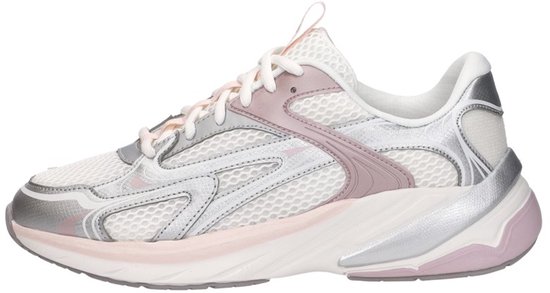 Zijaanzicht van een witte Skechers sneaker met roze en zilverkleurige accenten.