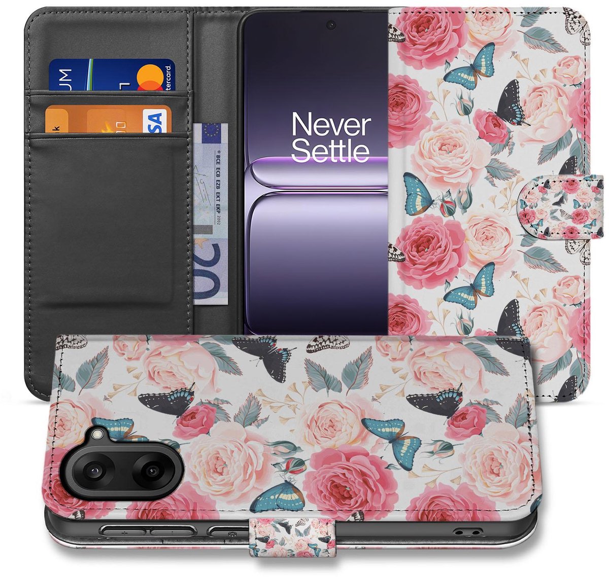 OnePlus Nord CE 5 Book Case Hoesje met Roze Butterfly Roses Design