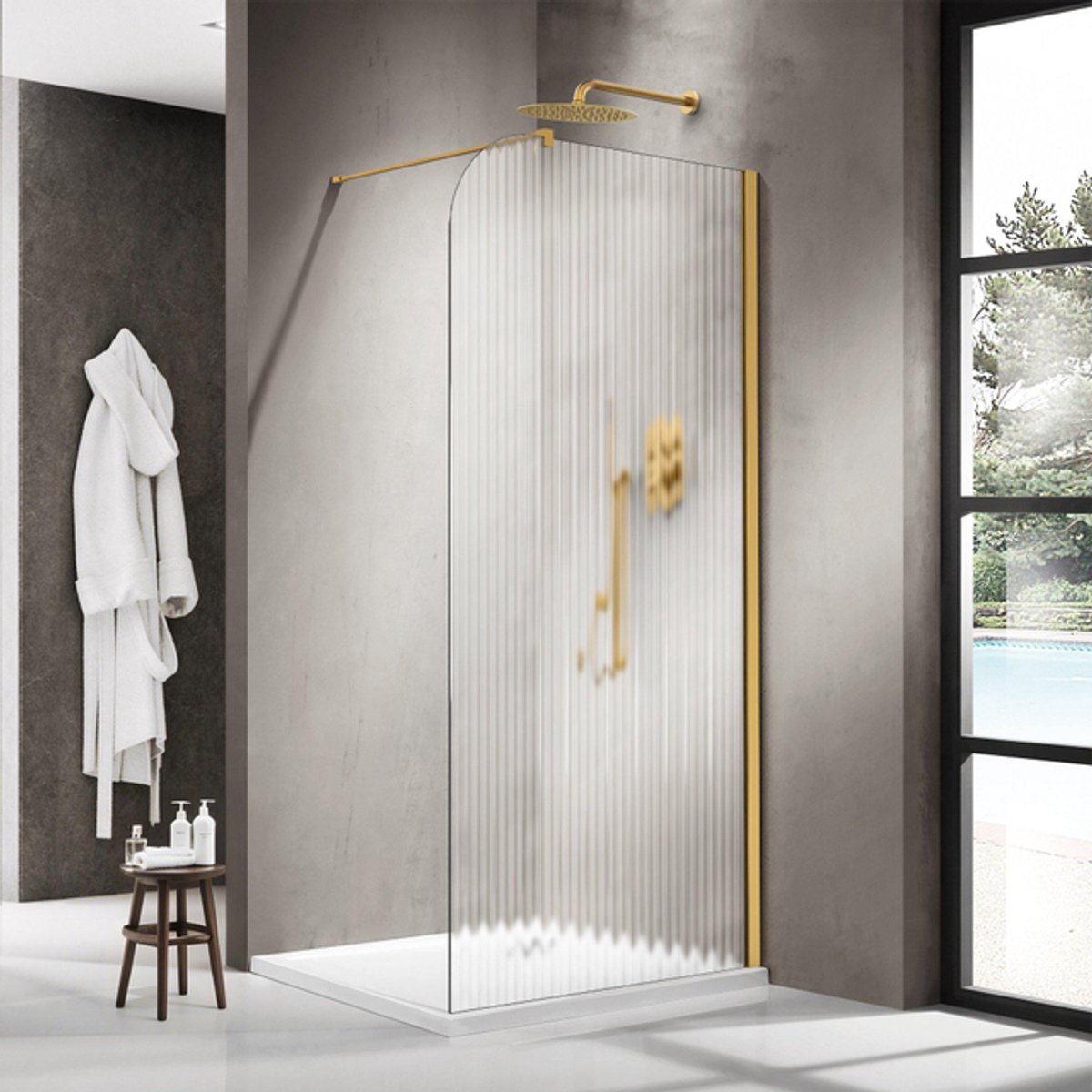 FugaFlow Eccelente Vetro Inloopdouche - 140x200cm - afgeronde glaswand - rechts - ribbel glas - wandarm - geborsteld messing PVD (Goud)