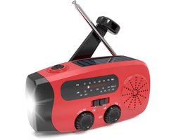 Draagbare noodradio - Powerbank 2000 mAh - Zaklamp - Solar opwindbaar - SOS alarm - USB kabel - Noodpakket - Kunststof - rood