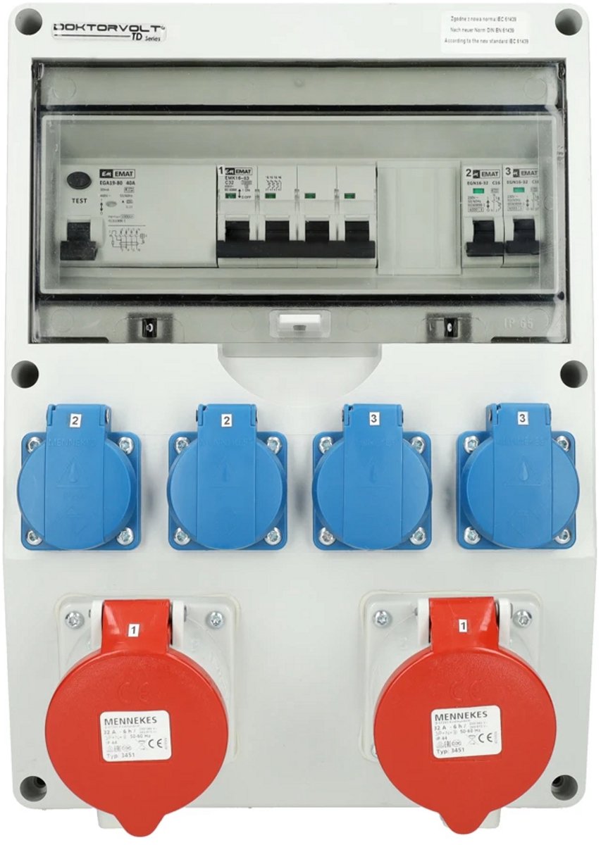 EMAT kunststof wandverdeler 3-fase IP44 met 2x CEE 5P 32A en 4x schuko 16A (85016026)