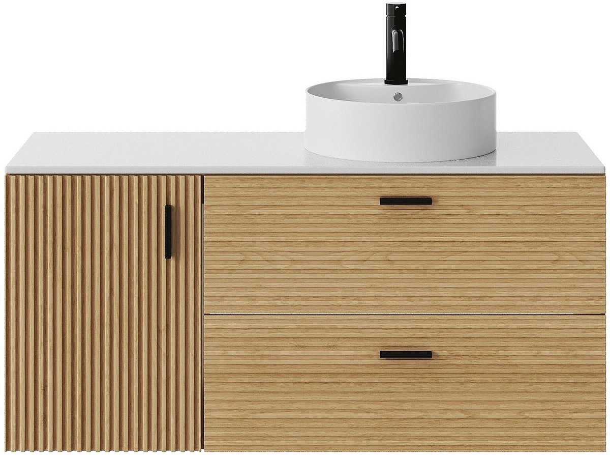 Vente-unique Zwevend badkamermeubel met ronde opbouwwastafel - 1 deur en 2 lades - kleur: Licht naturel gestreept - 120 cm - SARONE
