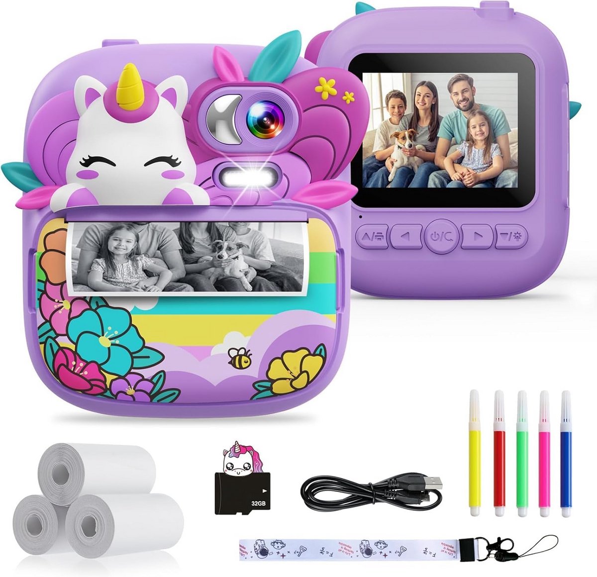 Kindercamera met 1080p, 2,4 inch scherm en printerpapier - Perfect cadeau voor 3-14 jaar