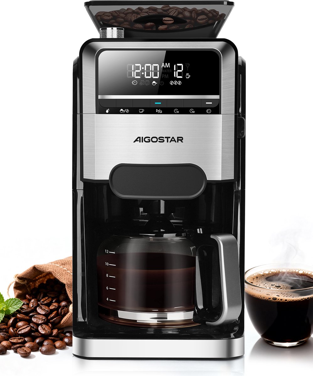 Aigostar Savor - Koffiezetapparaat met ingebouwde koffiemolen - 1.5L - Digitaal Display - Warmhoudfunctie - 24-uurs Timer - 1400W - Zwart