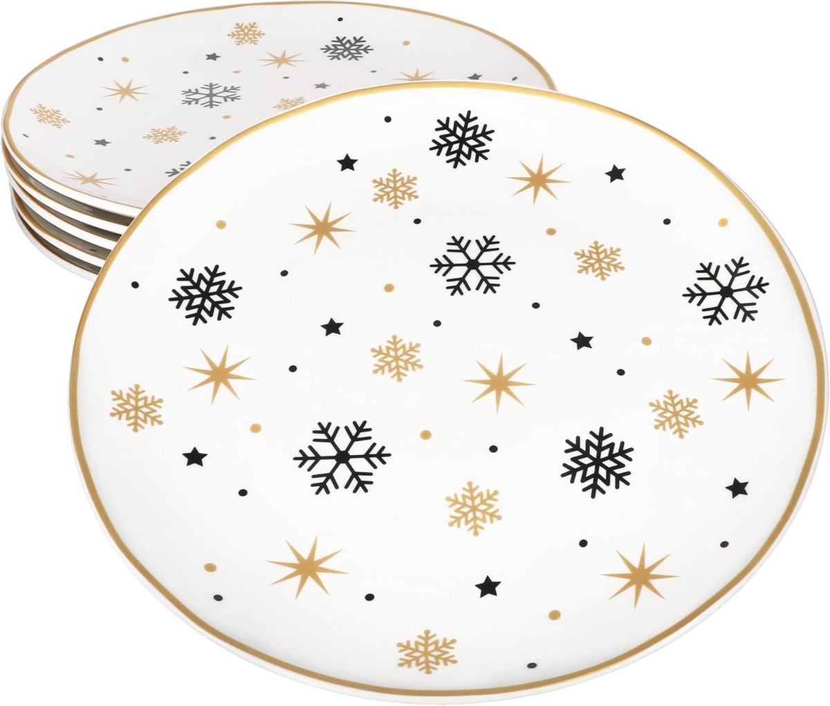 Set van 6 platte dinerborden met sterren en sneeuwvlokken voor Kerstmis