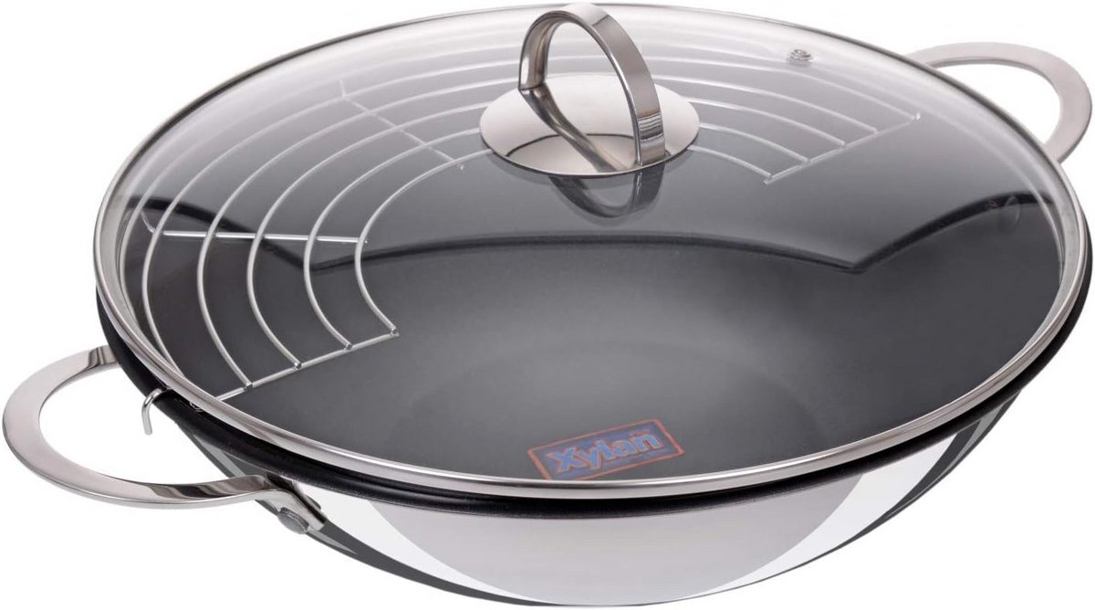 Wokset 32 cm met antiaanbakcoating, glazen deksel en legrooster