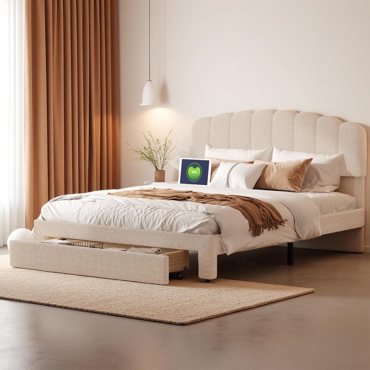 Tweepersoonsbed 140x200 met Opbergruimte, USB-Poort en Teddy Fluweel Bekleding - Beige