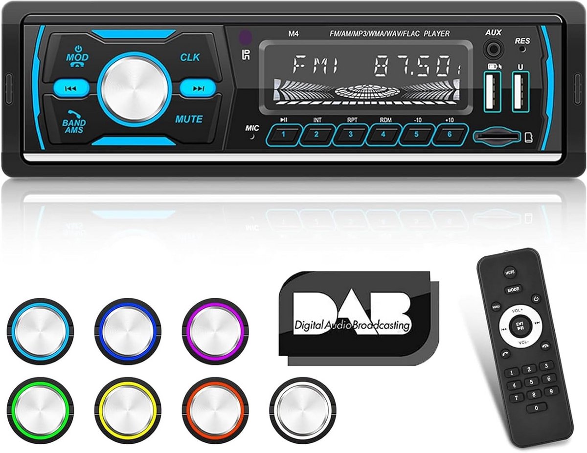 1-Din Autoradio met DAB+ Bluetooth, USB, AUX en Kleurrijke Verlichting