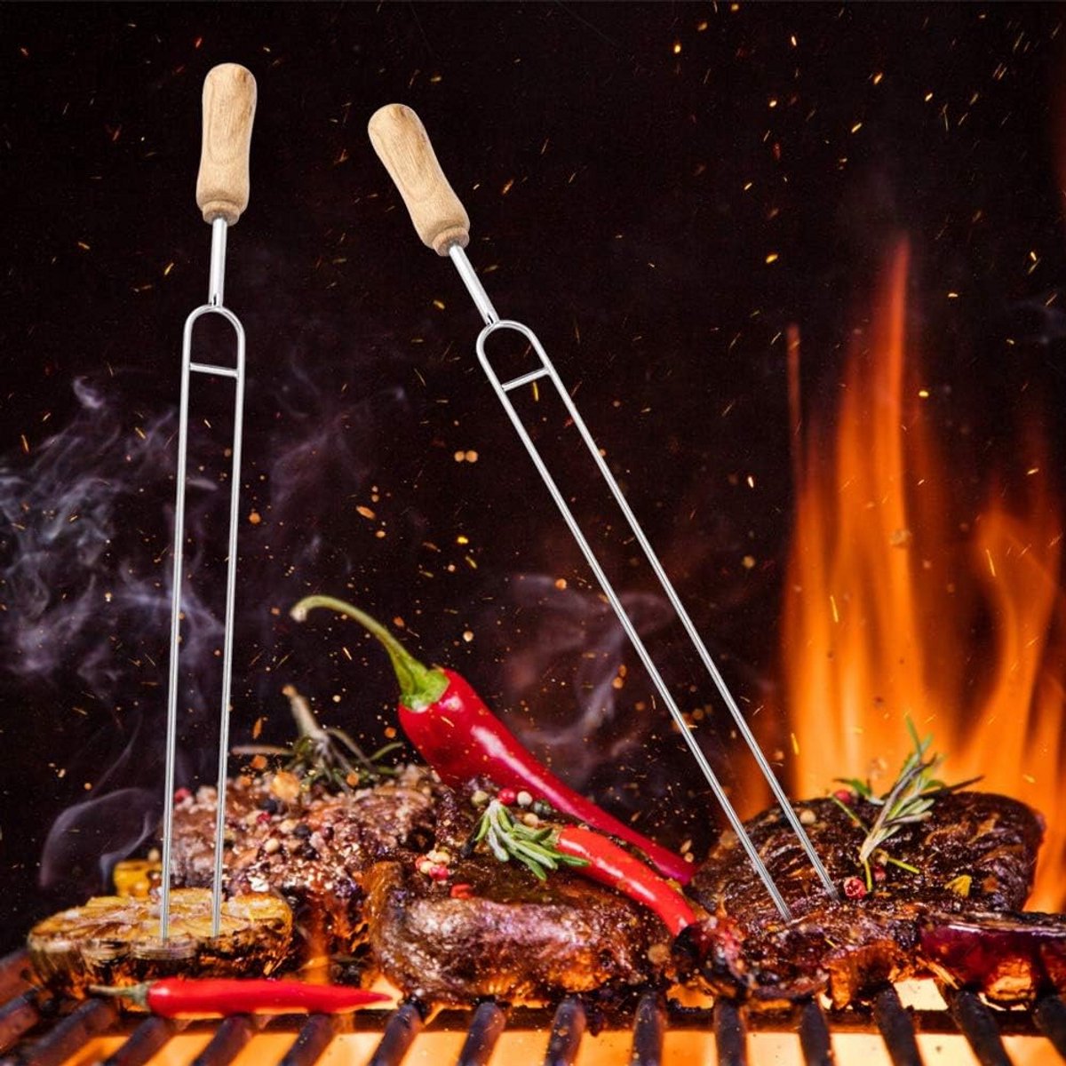 Stevige RVS Vleesvork met Houten Handvat voor Barbecue en Kampvuur