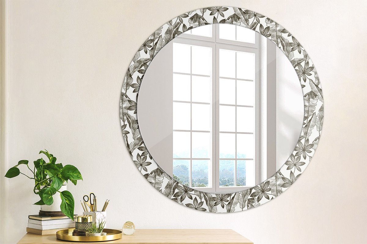 Coloray Bedrukte Spiegel - Tropische bladeren Bedrukte Spiegel - 80 cm - Zwart en wit Bedrukte Spiegel - Bedrukte Spiegel - Spiegel Met Bedrukte Lijst - Spiegel Met Decoratie Zwart en wit Tropische bladeren