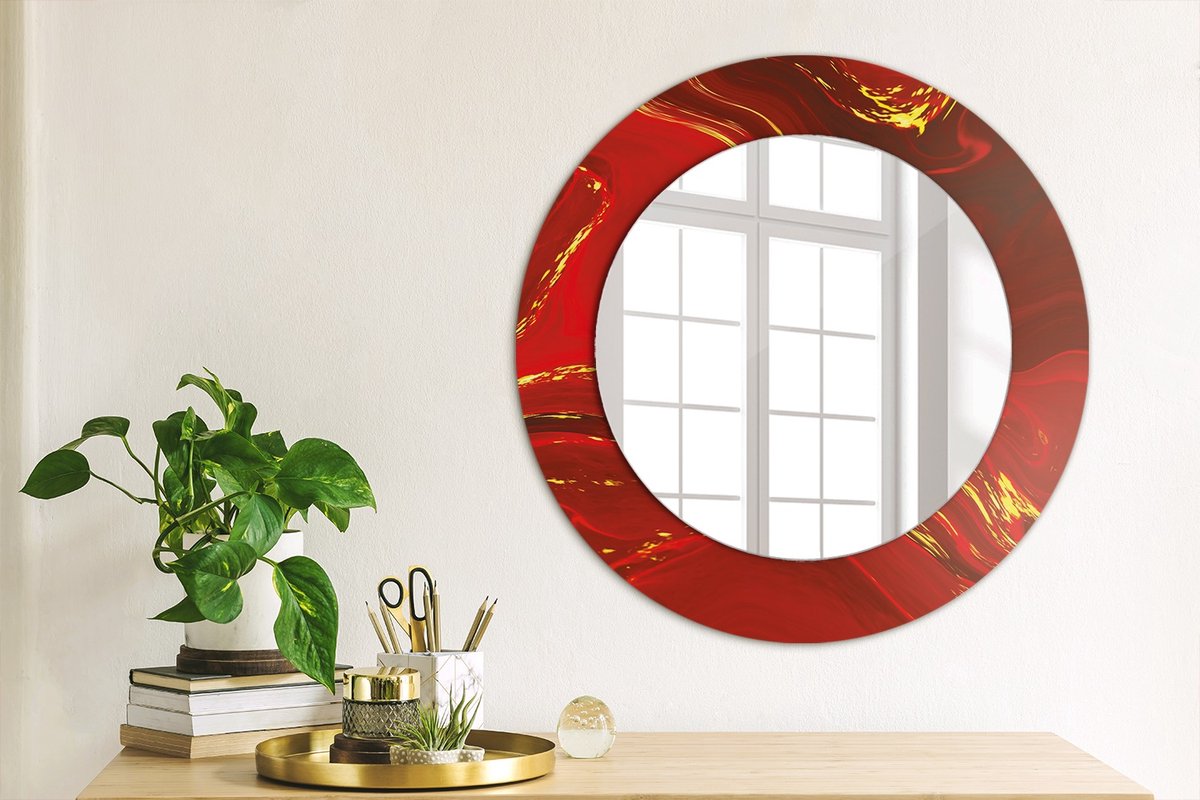 Coloray Bedrukte Spiegel - Rood marmer Wandspiegel Met Print - 50 cm - Rood Bedrukte Spiegel - Wandspiegel Met Print - Wandspiegel Decoratieve Print - Bedrukte Spiegel