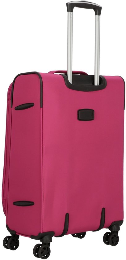 Roze koffer met zilveren handvat en wielen, gezien vanaf de achterkant.