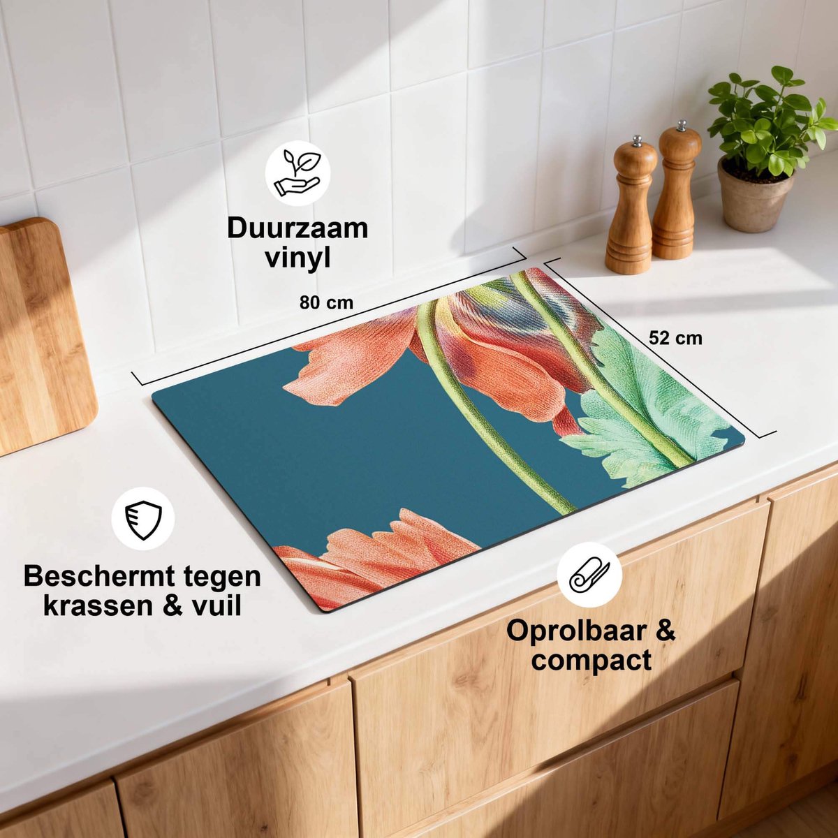 KitchenArt - Blooming Grace – Inductie Beschermer - 78x52 cm - Kookplaat Beschermer - Luxe Afdekplaat Inductieplaat - Anti-slip & Oprolbaar - Beschermmat Inductiekookplaat