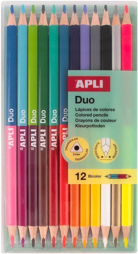 APLI Kids 20084 - Lápices de Colores pastel Bicolor Set de 12 Lápices Doble Punta (24 Colores) – Diseño Triangular Ergonómico – Mina Resistente de 3 mm – Pack para Dibujo y Arte