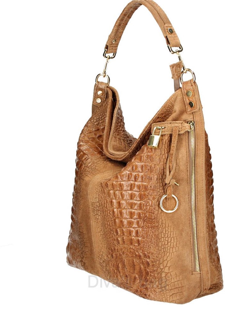 MAXI 100% lederen tas - met Krokodilprint - gouden accessoires - ritssluiting - COGNAC kleur