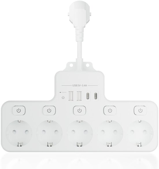 BEVA Toren Stekkerdoos met 12 Stopcontacten en 2 USB C 2 USB A, Meerdere Stopcontacten 3680W/16A met Schakelaars voor Home Office Overspanningsbeveiliging, 2M Snoer