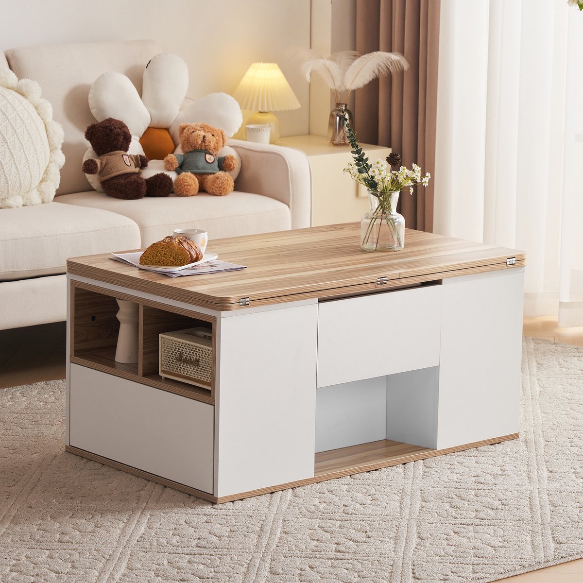 Clruro Multifunctionele Salontafel - 100 x 50 x 47,5 cm - Verstelbaar met 4 Lades - Grote Capaciteit - Wit en Hout - Wit