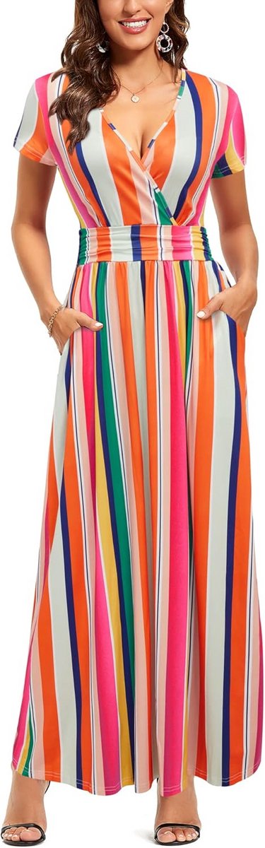 Zomerjurk met V-hals en korte mouwen - casual maxi jurk voor dames